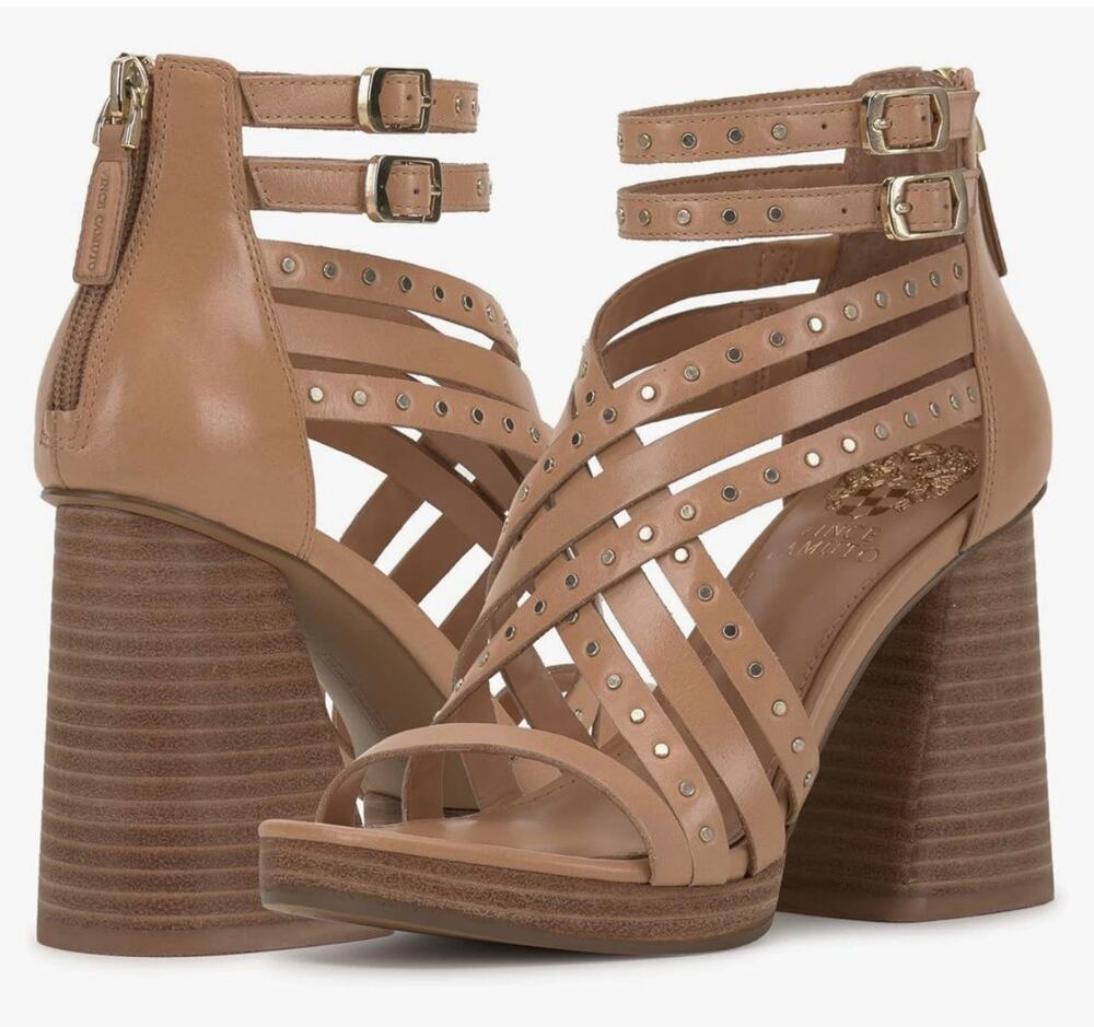 Vince Camuto Nanthie Sandals Womens Size 10 Tan Heeled Shoes Studded Platform